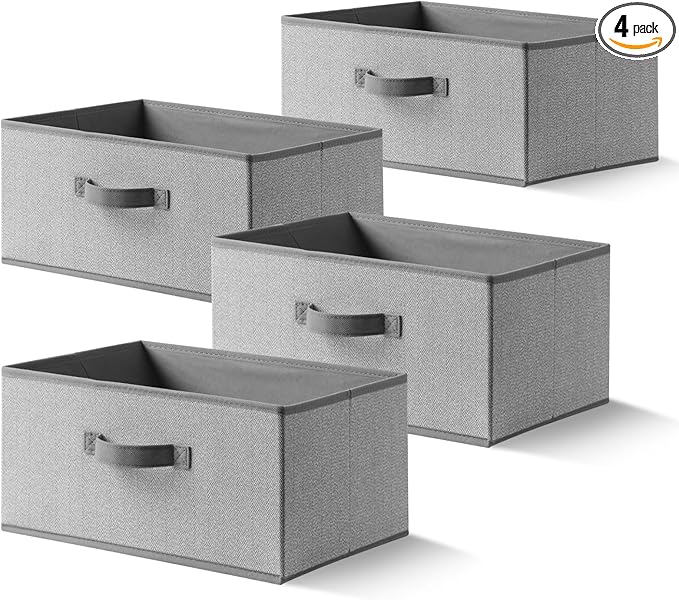 EITMOW Storage Baskets, 15.7 Inch Woven Fabric Bins, Storage Cubes with Reinforced Handles, Organizer Bins for Closet Shelves, Foldable, for Toys, Clothes, Natural Beige (4PCS/Grey-15.7*11*7.8inch)