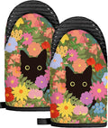 Slohif Cat Mini Oven Mitts Set – Black Extended Short Animal Heat Resistant Kitchen Gloves for Women, 100% Cotton Oven Mitts with Silicone Grips, Non-Slip and Thick Durable for Cooking & Baking