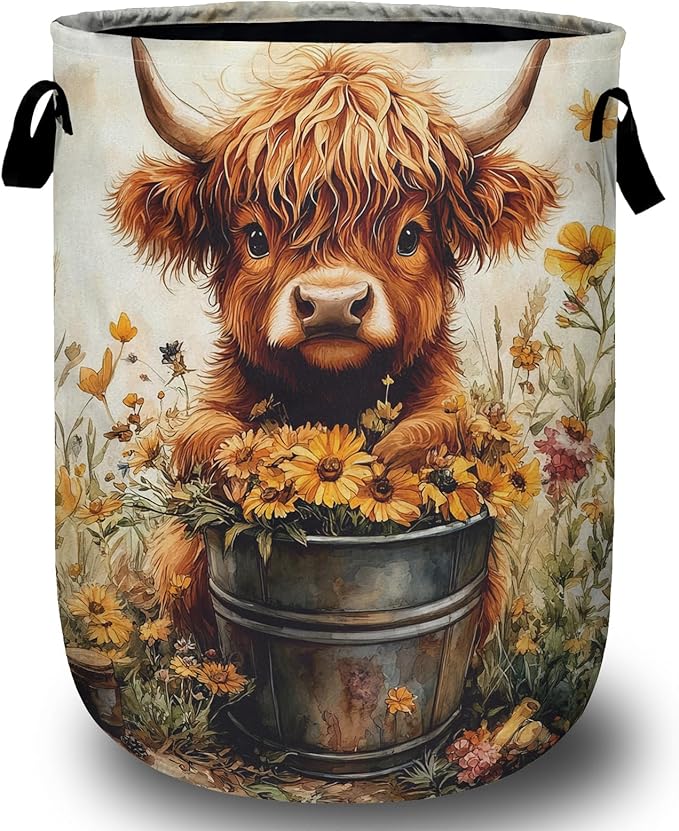 Sunflower Highland Cow Laundry Basket with Sturdy Handles, Collapsible Oxford Cloth Laundry Hamper Organizer Basket for Bathroom Bedroom 15.7x20 Inch