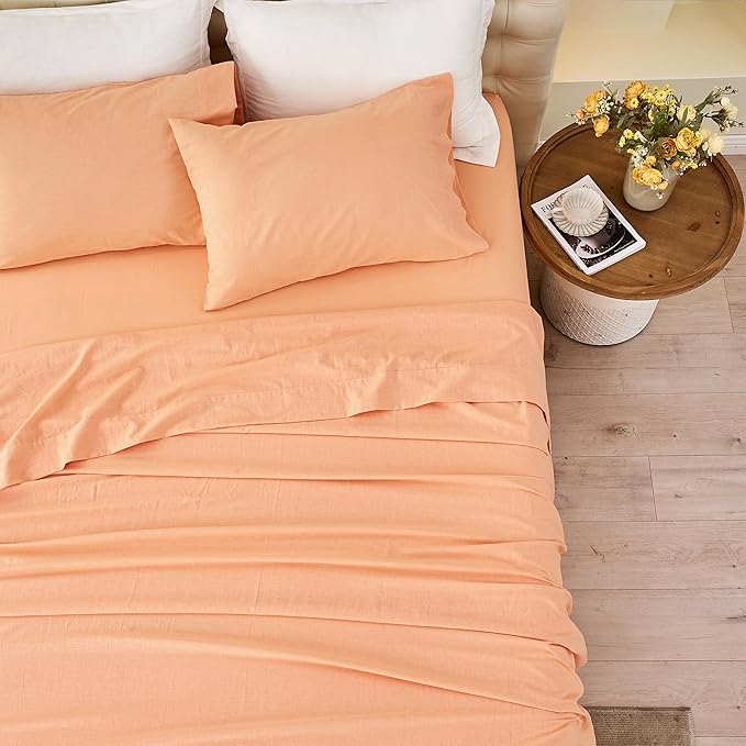 Simple&Opulence Belgian Linen Sheet Set Solid Color - 4 Pieces (1 Flat Sheet & 1 Fitted Sheet & 2 Pillowcases) Natural Flax Cotton Blend Soft Bedding Breathable Farmhouse - Peach, King Size