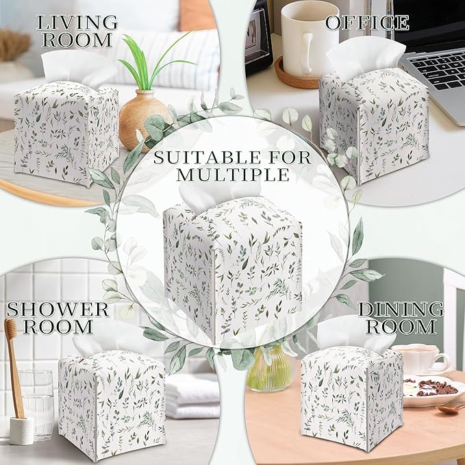 Sage Green Tissue Box Holder, Modern Leather Tissue Box Cover Square with Bottom Belt, Paper Napkins Everyday Dispenser Accessories for Bathroom Night Stands Kitchen Office Car Home Decor