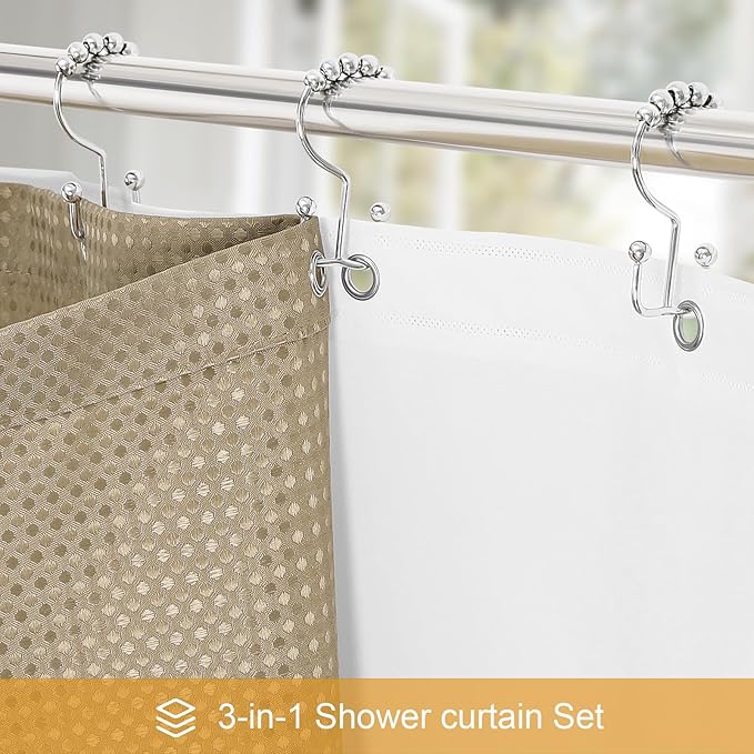 Craidlela 3 in 1 Extra Long Beige Shower Curtain Set-72 W x 84 H, Tan Waffle and PEVA Liner Set with 12 Stainless Steel Hooks, Waterproof Fabric for Bathroom