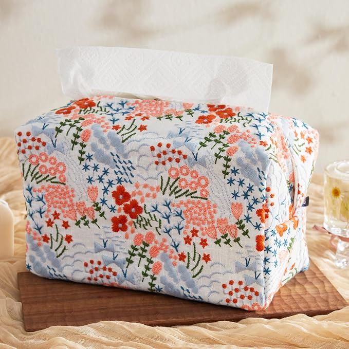 Hausfrau Tissue Box Cover Rectangular Embroidered Jacquard Linen Tissue Holder Case Decorative for Bathroom Vanity Countertop Desk Office, 10"x5.3"x5.3", White Flowersea
