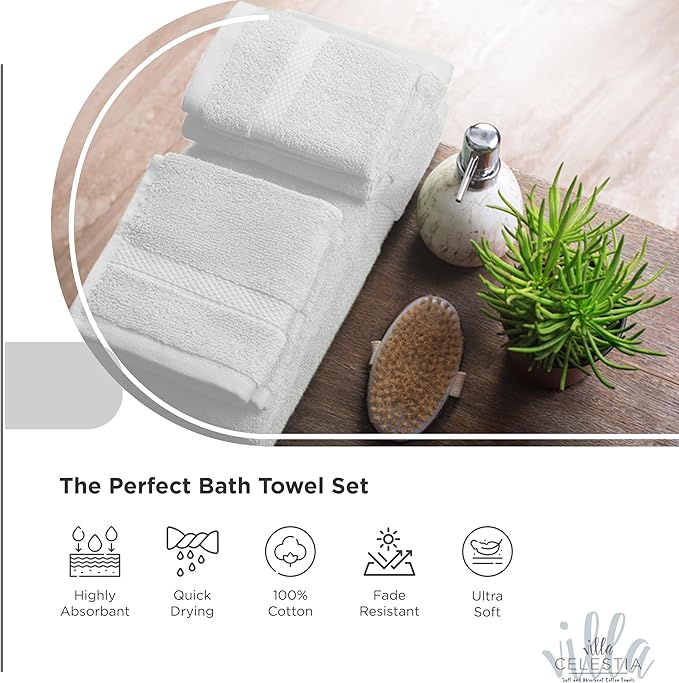 Villa Celestia 100% Cotton Bath Towel Set of 24-6 Bath Towels, 6 Hand Towels, 12 Wash Cloths, Sustainable, Soft, Highly Absorbent, Combed Cotton 24 Piece Set for Hotels, Spa, Bathroom, Dorm, White