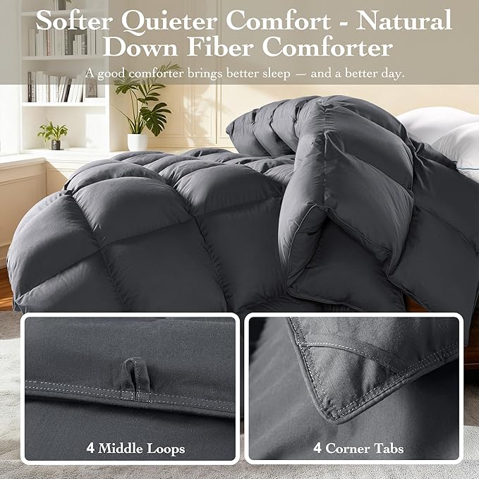 Goose Down Fiber Comforter Queen Size – All Season Naturally Breathable Down Comforters, Luxury Hotel Collection Duvet Insert with 8 Corner Tabs, Cotton Fabric & Baffle Box (Dark Gray,50oz)