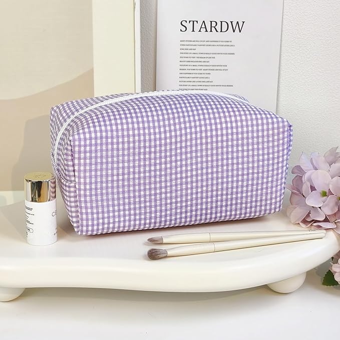 STARDW Checkered Makeup Bag Cute Cosmetic Bags for Women and Girls, Travel Toiletry Bag, Small Zipper Makeup Pouch, Purse Organizer Pouches Canvas Lining