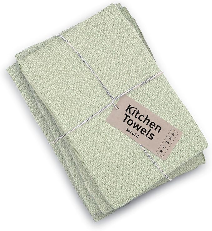 MEEMA Kitchen Towels and Dishcloths Sets of 4 | Large 18 x 28 Inch | Upcycled Cotton Tea Towels for Kitchen | Super Absorbent | Sage Green | Hand Towels