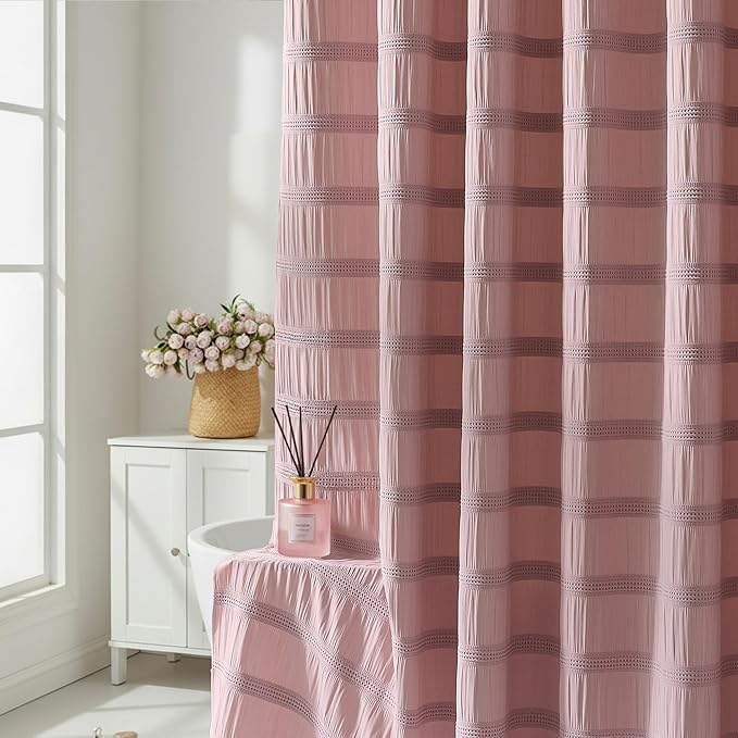 Lameirose Extra Long Pink Shower Curtain Farmhouse,72 x 78 Cotton Blend Waffle Tufted Striped Chic Textured Fabric Shower Curtain for Bathroom, Hotel, Washable