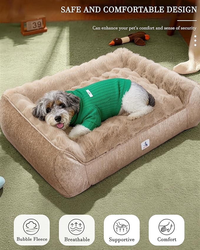 Welfibr Fluffy Faux Fur Dog Bed Medium Size Dog Washable Rasied Dog Bed Orthopedic Dog Bed with Sides Noiseless Supportive Foam Dog Couch Anti-Slip Comfort Pet Beds with Removable Cover Brown 42"