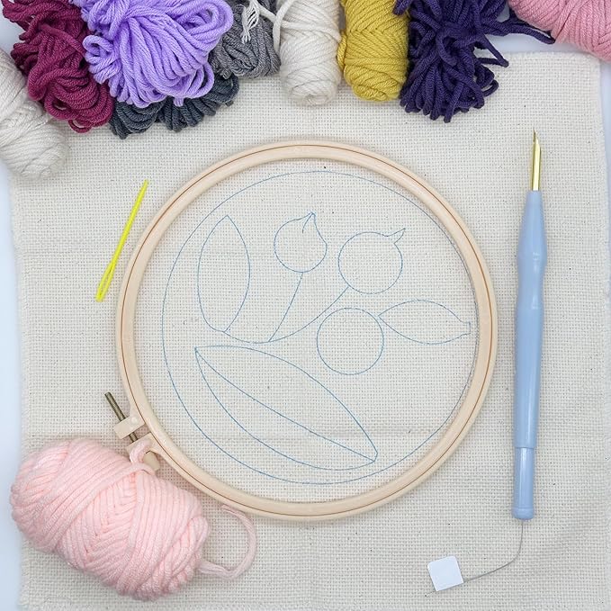 Allazone 3 Set Punch Needle Kits, 20 cm Embroidery Starter Kits with Rose Pattern, Punch Needle Tool Threader Fabric Embroidery Hoop, Yarn and Home Decor