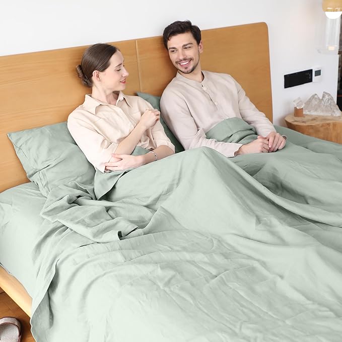 Simple&Opulence Belgian Linen Sheet Set Solid Color - 4 Pieces (1 Flat Sheet, 1 Fitted Sheet & 2 Pillowcases) Natural Flax Cotton Blend Soft Breathable Farmhouse Bedding - Queen Size, Mint Green