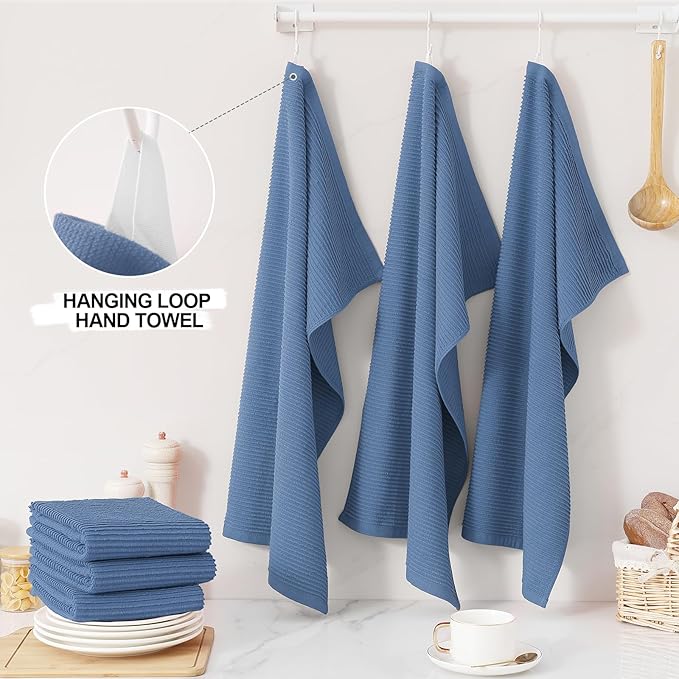 Homaxy Premium Kitchen Towels (18"x 28", 6 Pack), Large 100% Cotton Kitchen Hand Towels, Ultra Absorbent Ribbed Terry Tea Towels Set with Hanging Loop, Navy Blue