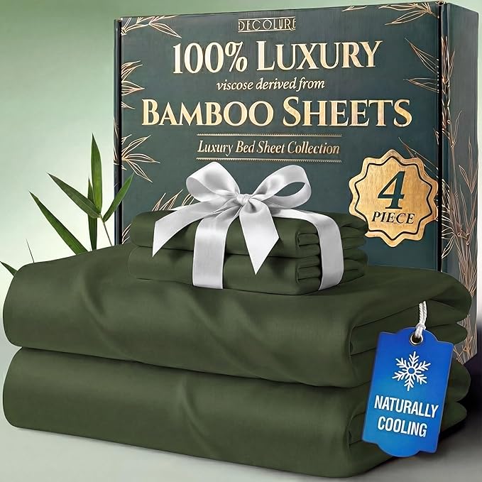 DECOLURE 100% Viscose Derived from Bamboo Sheets Twin Size - Luxury 4 Pc Naturally Cooling Sheets, Ultra Soft Bed Set - Deep 17" Pockets, Durable Double Stitching, Oeko Tex Standard (Olive)
