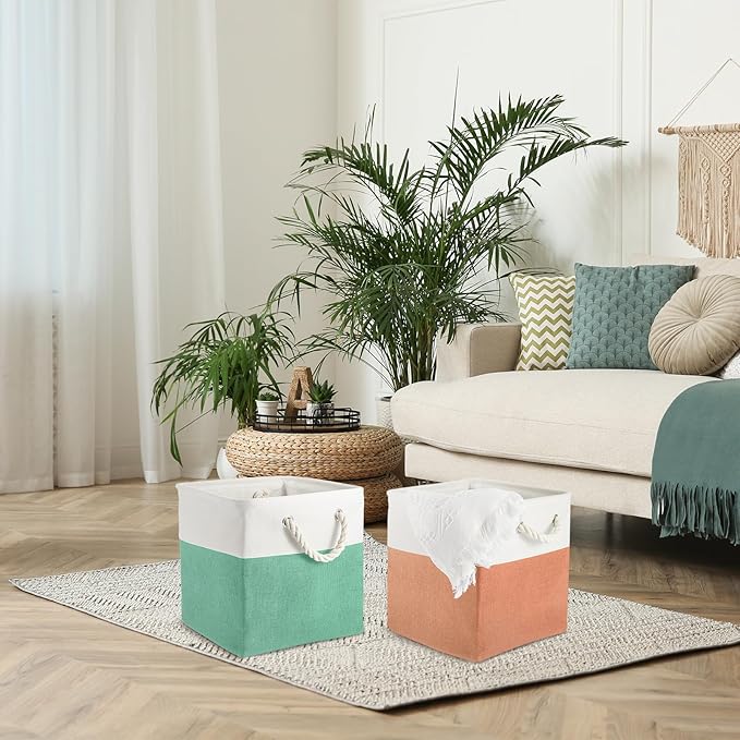 Geiserailie 6 Pcs 11 x 11 Inch Cube Storage Bins Fabric Storage Organizer Bins Foldable Cube Baskets with Sturdy Carry Handles Wicker Baskets for Home(Macaron Color)