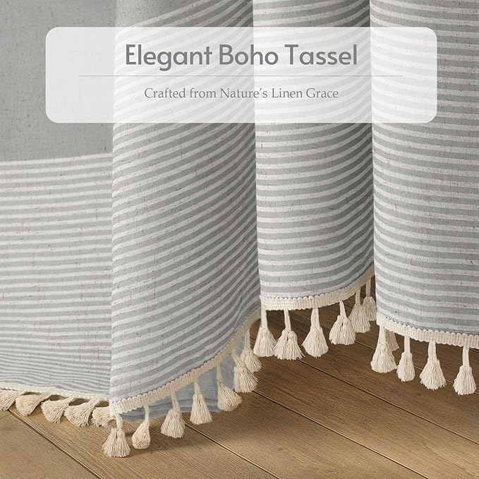 XOGUIBO Grey Shower Curtain Farmhouse Linen Striped Shower Curtains for Bathroom with Tassel 60 X 72