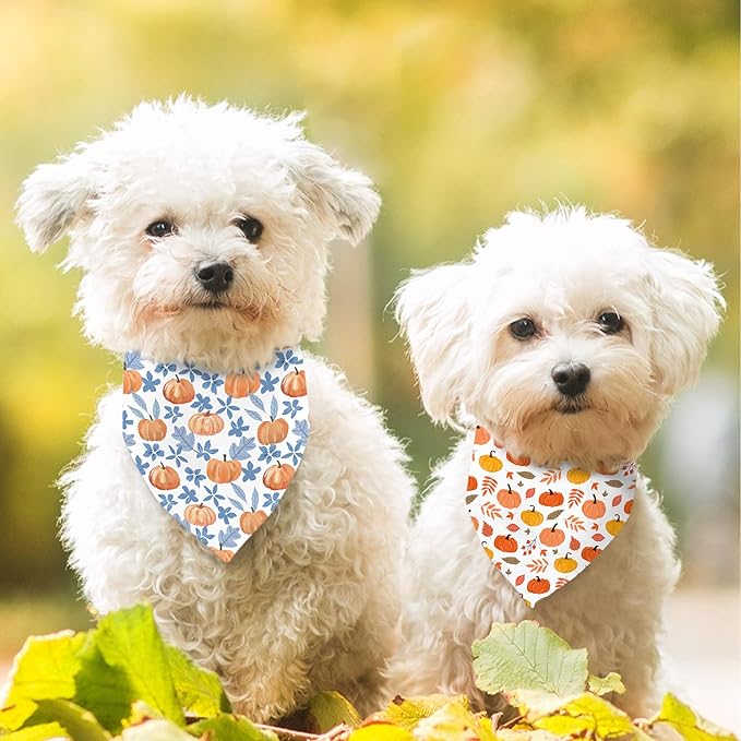 Fall Dog Bandana Reversible 2 Pack Small, Cute Autumn Pumpkin Leaves Fall Pet Bandanas Set Adjustable Triangle Holiday Scarves for Small Medium Boy Girl Dogs