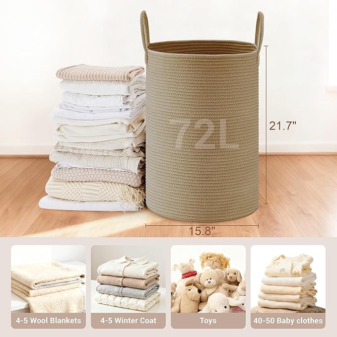 SunNewt Tall Laundry Basket with Handles, 72L Portable Dirty Clothes Hamper, Boho Cotton Rope Storage Bin for Blankets Kids Toys Gifts, Large Organizer for Baby Nursery Bedroom Bathroom, Jute