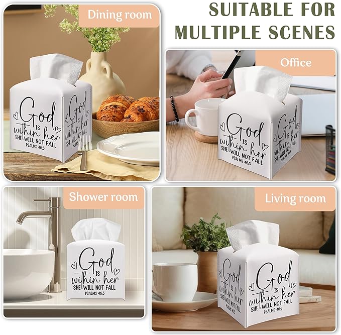 Christian Decorative Tissue Box Cover Square, Leather Tissue Box Dispenser, Inspirational Quote Gift Ideas for Bestie Friends, God is Within Her Decor for Bathroom Office-(5.2 Inches)