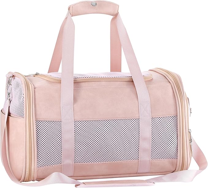 Monanller Fashion Leather Dog Carrier, Airline Approved Cat Carrier Soft Sided Pet Bag Carrier Purse for Puppy Kitten Small Animals Pink