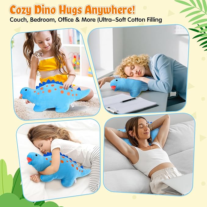 BB FUN HOUSE Dinosaur Pillow Plush, Stuffed Animal Birthday Gift Dino Decorative Throw Pillow for Kids Teens Adult Room Decor Soft Plushie Toy, Blue