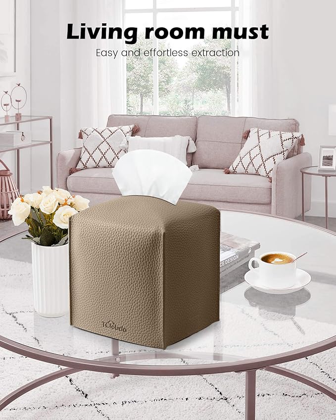 Tclouda Tissue Box Cover for PU Leather, Modern Simple Solid Color Holder Square Tissue Bag, Ideal for Bathrooms,Office,Car,Outdoor Tent,Dining Table,5"X5"X5", Double Cocoa Brown