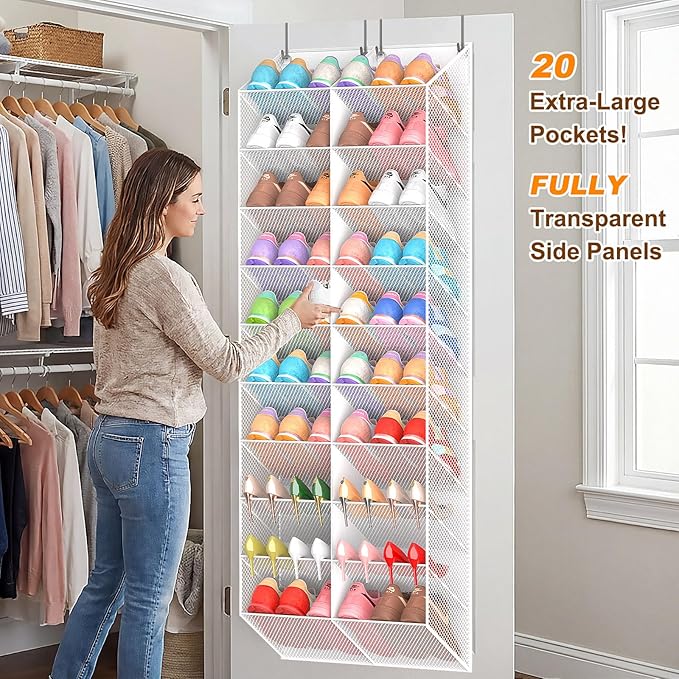 UVIAHOMI 30 Pairs Over the Door Shoe Organizer, Breathable Mesh Pocket Hanging Shoe Storage for Closet, 10-Tier Door Shoes Rack, Handing Shoes Holder Fit All the Family's Sneakers, Boots, Heels, White