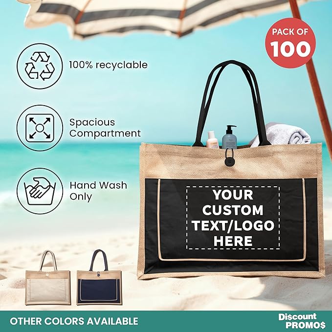 DISCOUNT PROMOS Custom Jute Tote Bags with Cotton Pocket Set of 100, Personalized Bulk Pack - Reusable, Great for Picnic, Camping, Beach, Outdoor Activities - Black