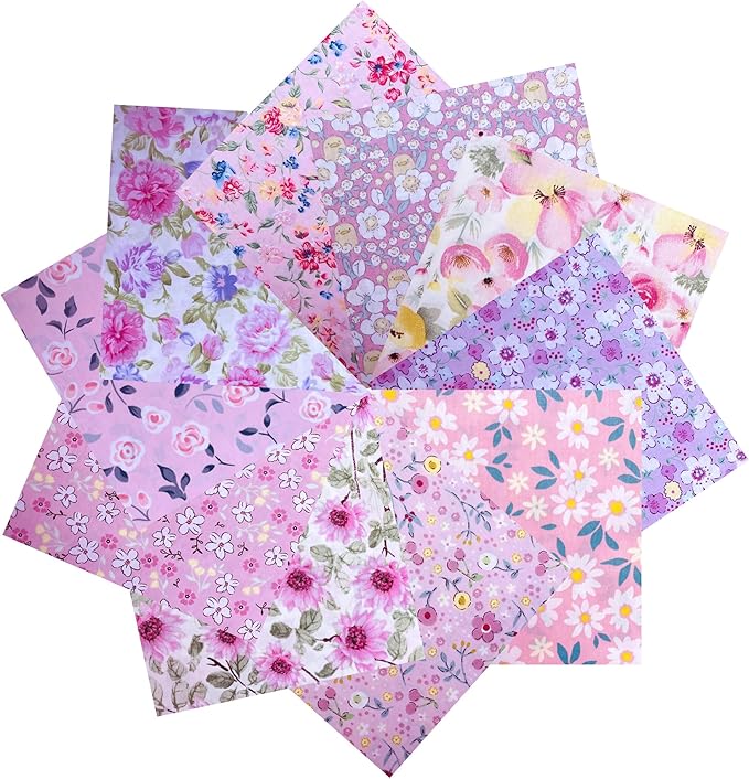 HANPATQUI 50PCS 5 x 5 inch 100% Cotton Fat Quarters Fabric for Sewing and Quilting Bundles Precut Fabric Square for DIY Craft Patchwork-Pink Printed