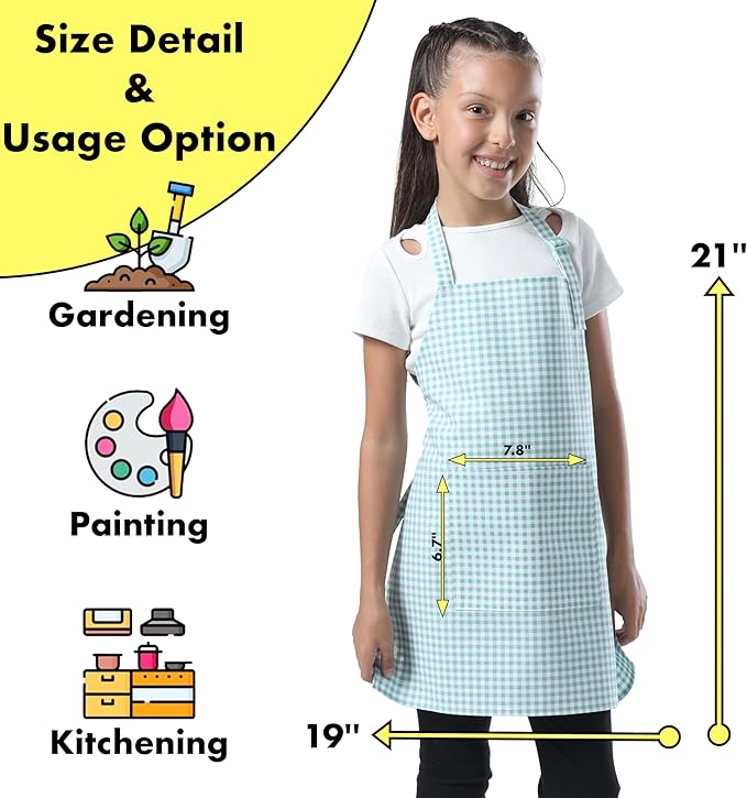 Kids Aprons for Cooking Waterdrop Resistant Aprons for Girl & Boy Toddler Apron for Painting, Gardening, Baking, Smock (Plaid Water Green, Medium (6-10 years)