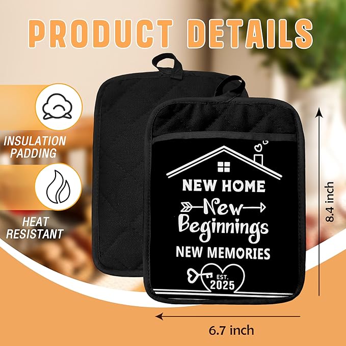 Housewarming Gifts Pot Holders with Pockets, New Home New Beginnings Memories Oven Pot Holders Heat Resistant Oven Mitts Hot Pads for Kitchen Baking Cooking