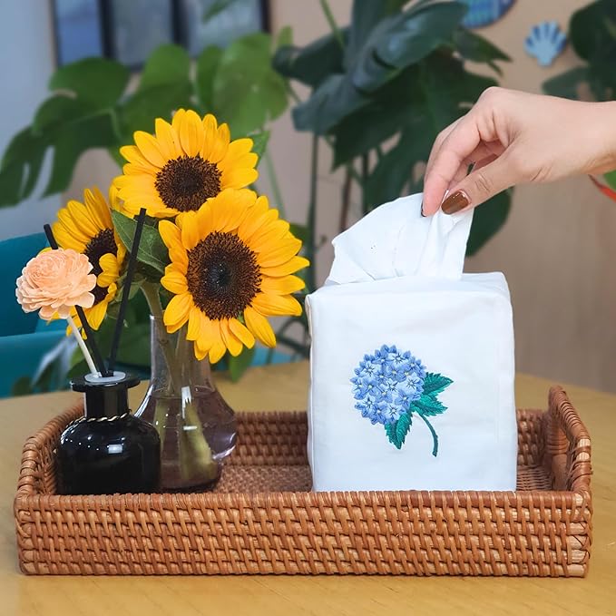 Fabric Tissue Box Cover Set of 2, Vintage Floral Embroidery Hydrangea Tissue Holder, Bouquet Wrapping Bag, Car Tissue Holder, Tissues Box Cover Square 4.5"X4.5"X5.5", White Square Tissue Box Cover