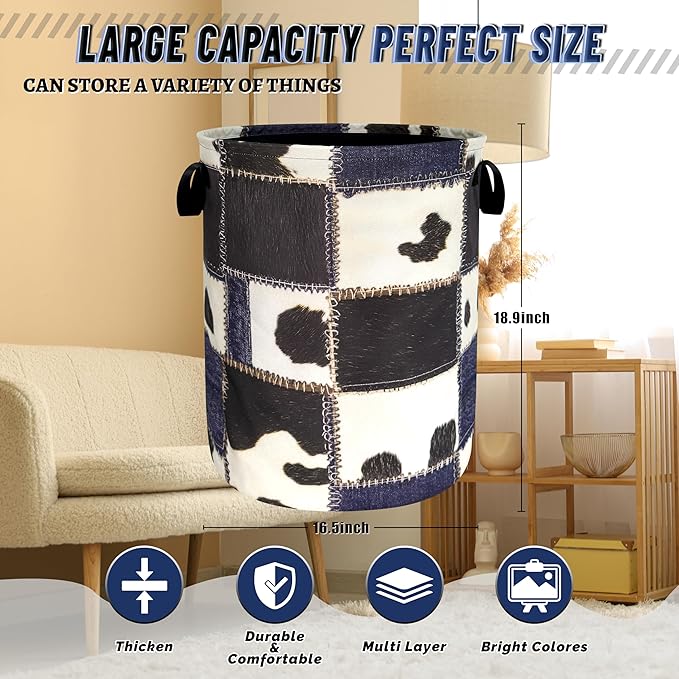 Cows Print With Denim Texture Laundry Hamper Foldable Oxford Cloth Animal Cow Laundry Basket With Handle Portable Clothes Storage Basket Laundry Bag 18.9"x16.5" For Laundry Room/Bedroom/Bathrooms