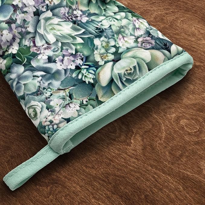 Succulents Green Teal Boho Floral Mini Silicone Oven Mitts, Heat Slip Resistant Kitchen Gloves 2-Pack Set, Soft Short Small Oven Mittens Pot Holders for Baking Grilling Barbecue Microwave Gift