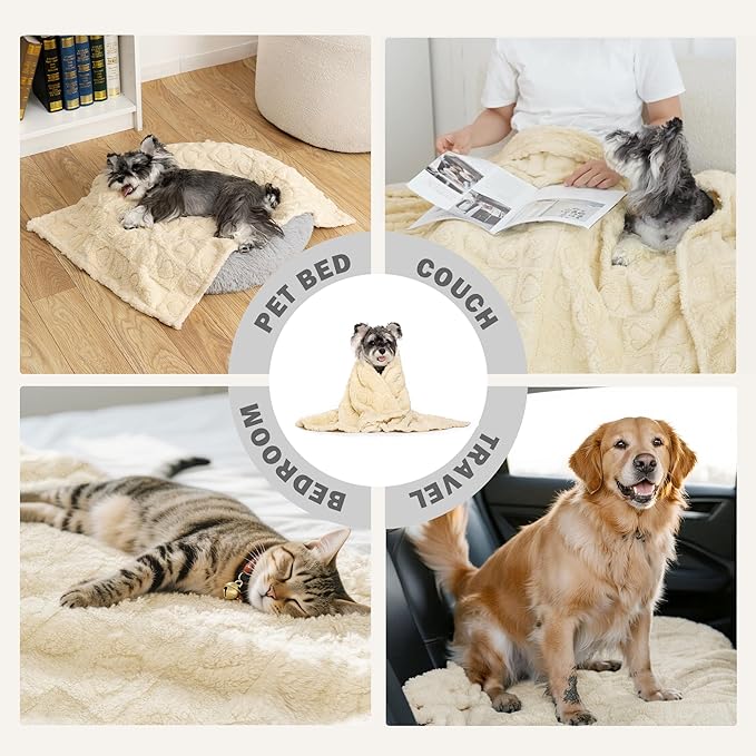 gogobunny Calming Plush Dog Cat Blanket 300GSM Coral Fleece, Ultra-Soft Machine Washable Pet Bedding for Small Medium Dogs Cats Puppies Kittens (Beige, 30x40)
