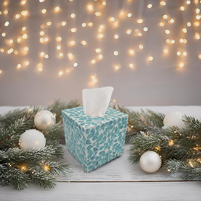 PEMAR Handcrafted Wooden Tissue Box Cover for Small Cube Tissue Boxes Only (Max Inner Size 4.7”) – Capiz Shell Inlay Decorative Tissue Holder for Bathroom, Living Room & Office (Teal Vines)