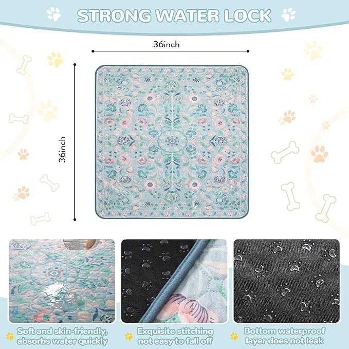 Lahome Washable Reusable Pee Pads for Dogs - Blue Botanical Floral 2 Pack Puppy Pads, Super Absorbent & Waterproof Dog Training Mats for Potty & Crate - Leakproof with Non-Slip Backing (36"x36")