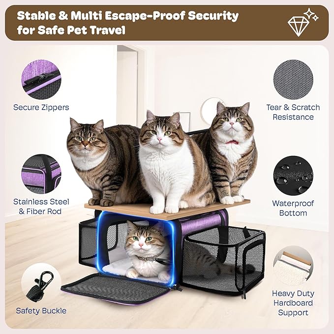 Top and 2 Sides Expandable Large Cat Carrier 18x13.5x9.5, TSA Airline Approved Dog Carriers for Large Dogs, Soft-Sided Pet Carrier with Self-Locking Zippers for Kitten,Rabbit, Puppy Purple