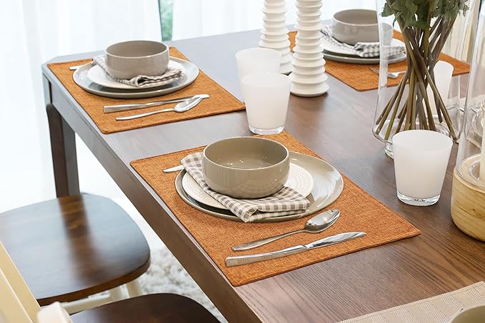 homing Cotton Linen Placemats Set of 8, Cloth Washable Farmhouse Dining Table Mats for Indoors & Outdoors, Easy to Clean, Orange, 13 x 19 Inch