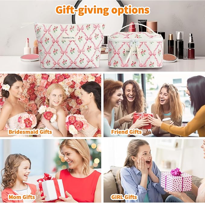 HAOGUAGUA 2 Pieces Makeup Bag, Small Large Quilted Cosmetic Bag, Travel Floral Make Up Toiletry Organizer Bag for Women Girls (2PCS STYLE B-1)