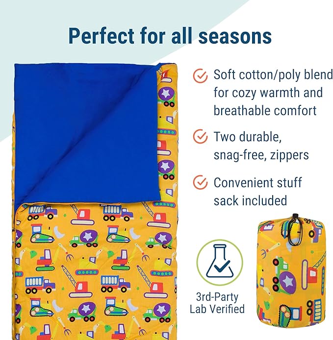 Wildkin Kids Sleeping Bag – Roll-Up Design with Storage Bag for School, Travel & Camping - Under Construction