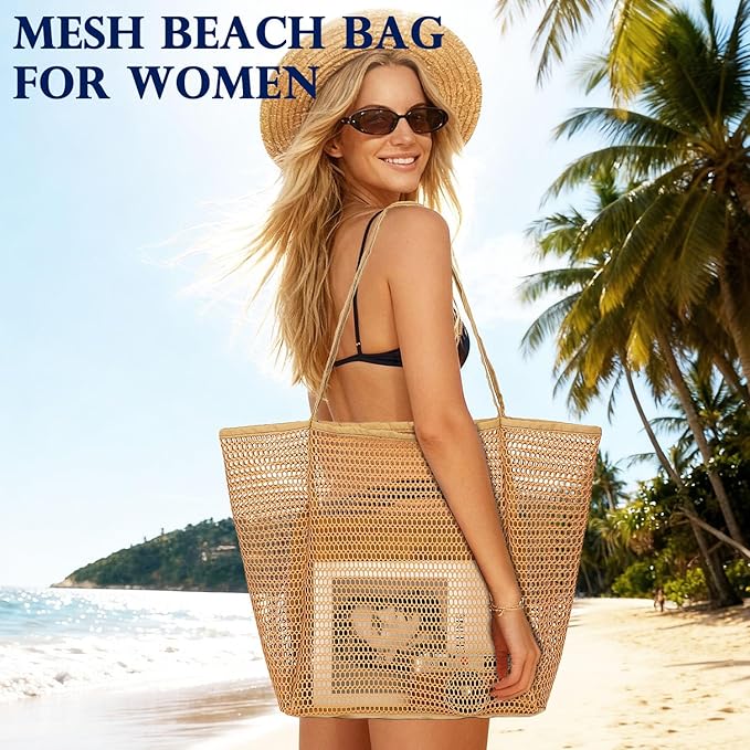 Fammart Mesh Beach Bag, Large Beach Tote with Zipper Pocket for Family Pool Bag for Toys & Vacation Essentials