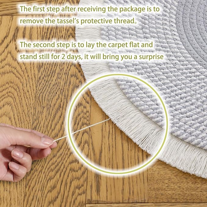 Handwoven 4ft Round Cotton Rope Rug with Tassel Trim – Washable Boho Braided Circle Rug for Living Room, Bedroom, Nursery – Soft Gray, Durable & Natural