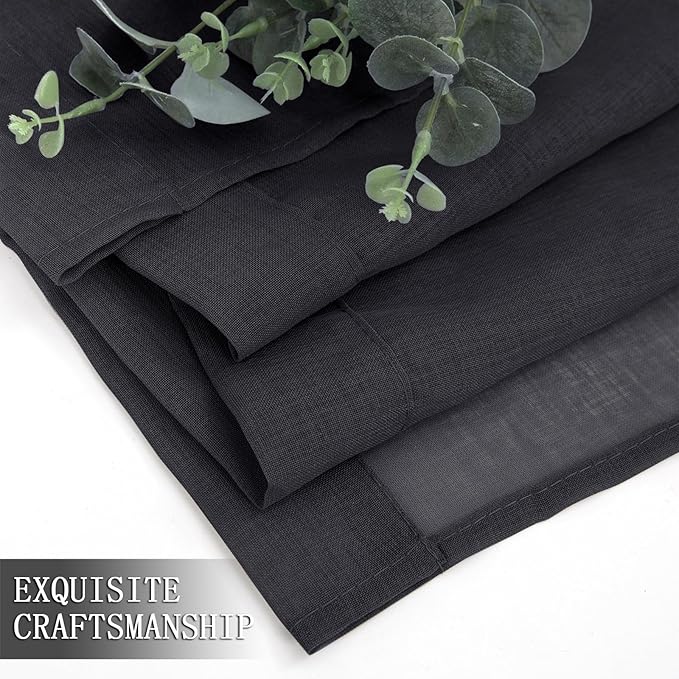 Tollpiz Sheer Tier Curtains Kitchen Linen Textured Half Curtain Sheers Light Filtering Rod Pocket Voile Bathroom Short Curtains for Farmhouse, 25 x 30 inches Long, Black, Set of 2 Panels