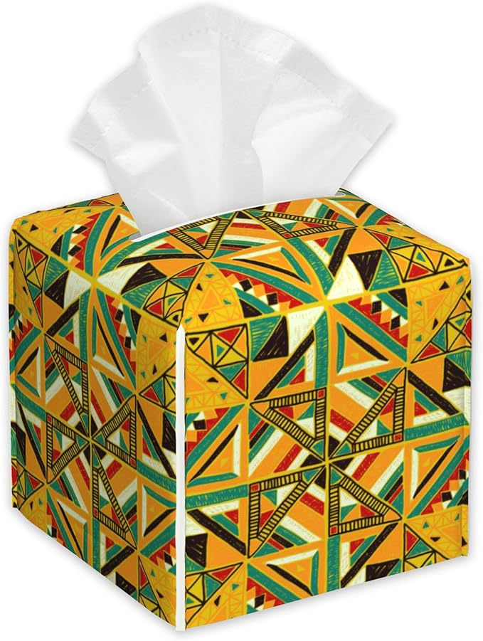 Ethnic Tribal Geometric Tissue Box Holder,Cube Tissue Box Cover Holder,Leather Facial Paper Organizer Dispenser Home for Bedroom Night Stands,Kitchen,Office and Car,5.2"×5.2"×5.2"