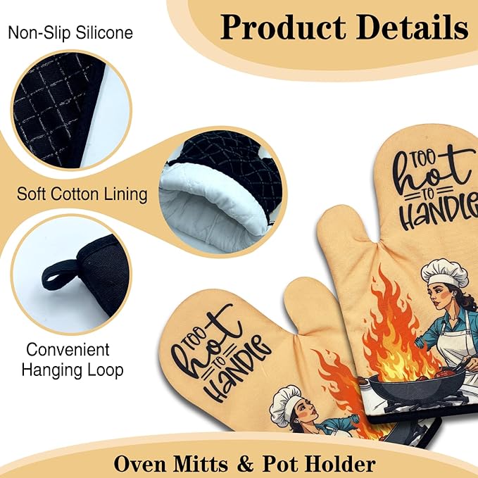 2 Pack Funny Oven Mitts for Women, Too Hot to Handle, Vintage Lady Heat Resistant Silicone Non-Slip Mitts, Sarcastic Baking Gifts for Hostess, Housewarming Gifts for Chef Friend Cook Lover