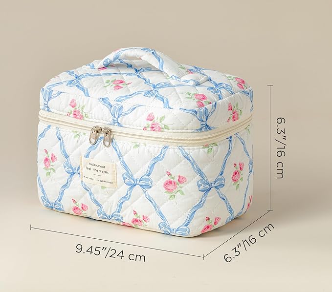 HBselect Christmas Gifts Large Quilted Makeup Bag, Cute Cotton Travel Makeup Bag with Handle, Portable Coquette Floral Make up Bags, Toiletry Organizer Make up Bags for Women Teen Girls Mom