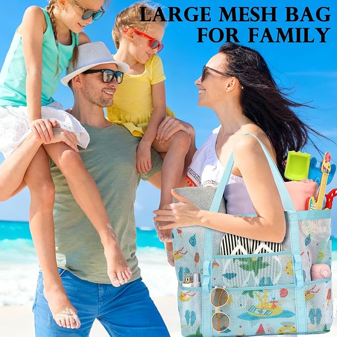 Fammart Mesh Beach Bag, Large Beach Tote with Zipper Pocket for Family Pool Bag for Toys & Vacation Essentials