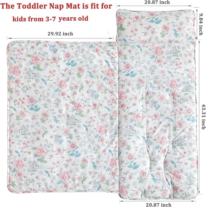 DuShow Cotton Toddler Nap Mat Floral for Girls,Roll Up Slumber Bags,Toddler Nap Mat with Removable Pillow, Kids Sleeping Mat for Daycare and Preschool Kindergarten-Flower