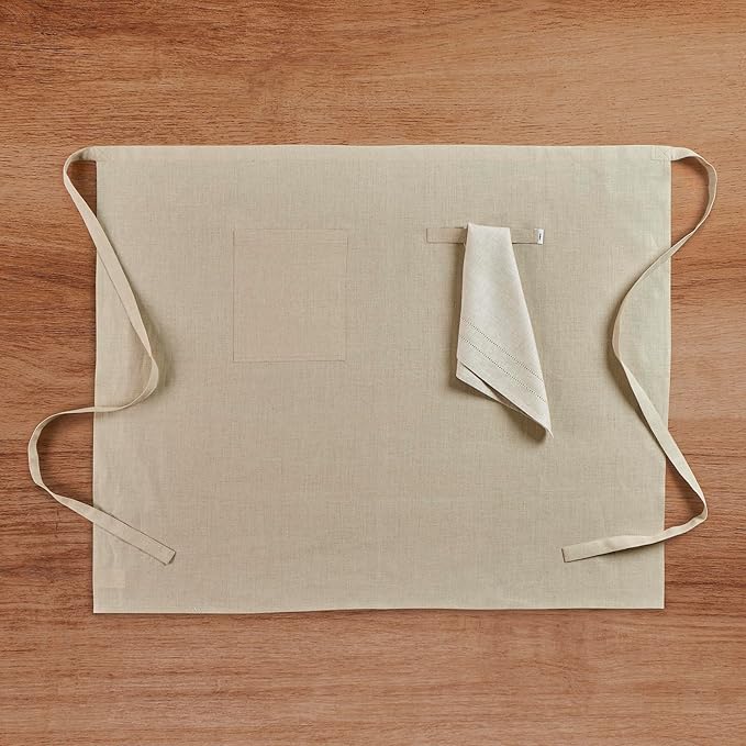 Solino Home Linen Bistro Server Apron - Extra long ties with Pockets - 100% Pure Linen Midi Half Apron for Men and Women