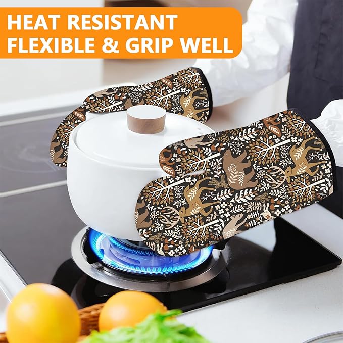 Bear Deer Oven Mitts and Pot Holders Sets 4Pcs,Extra Long Oven Gloves Potholder for Kitchen Cooking Baking BBQ 100% Cotton Heat Resistant